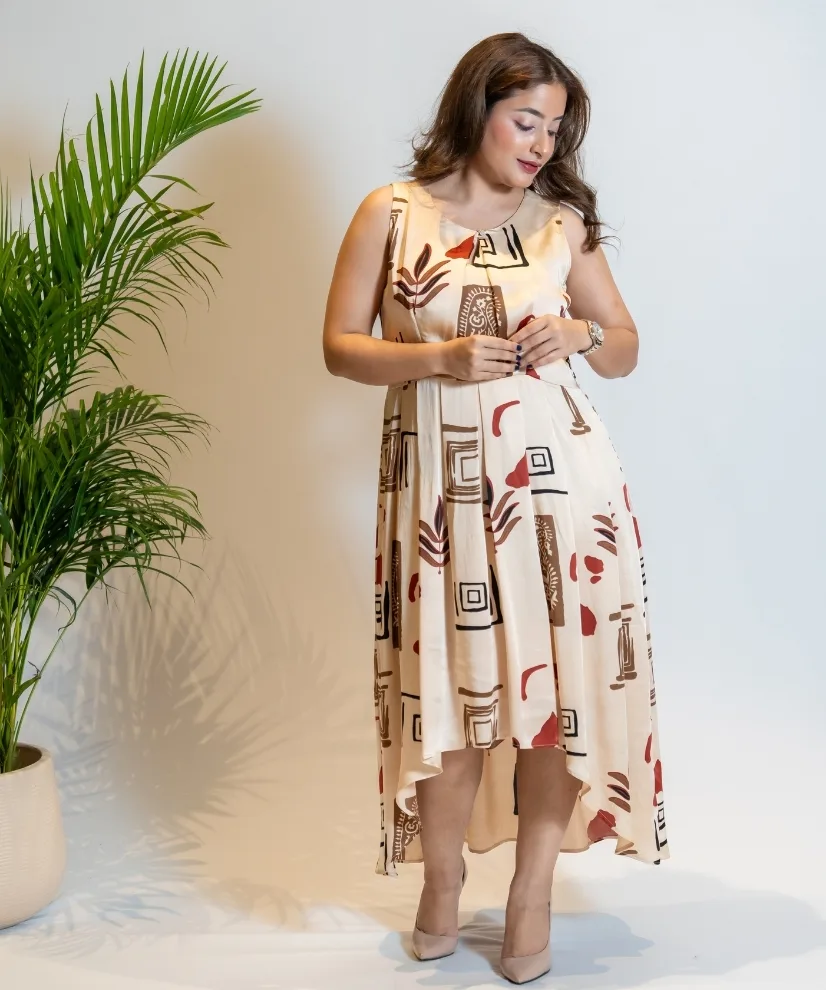Almond Beige Cotton High-Low Dress with Abstract Print
