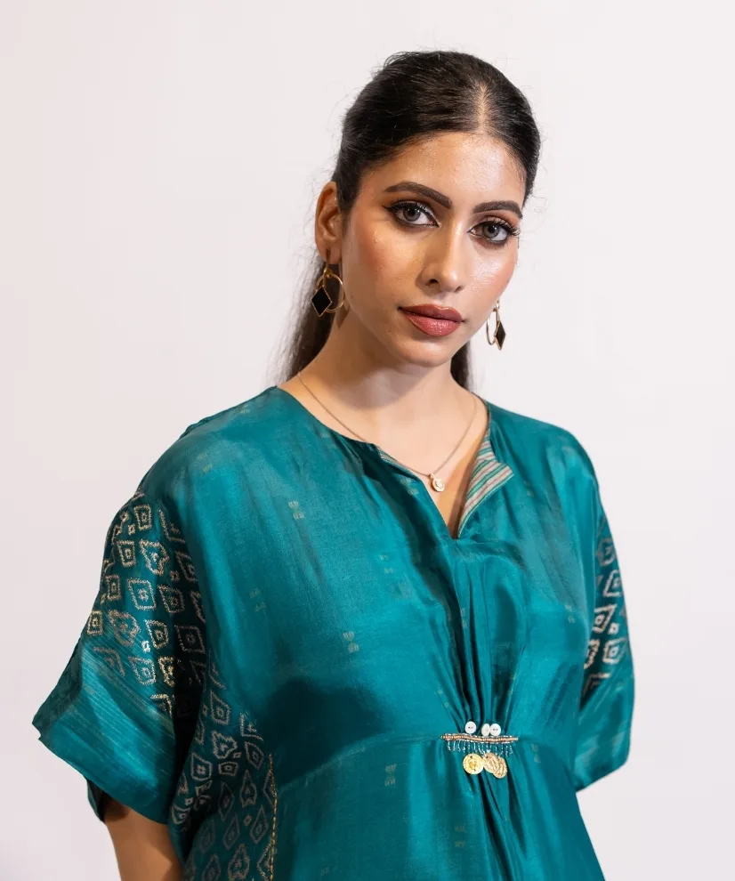 Teal Blue Kaftan Kurta Set with Gold Accents Teal Blue Kaftan Kurta Set with Gold Accents
