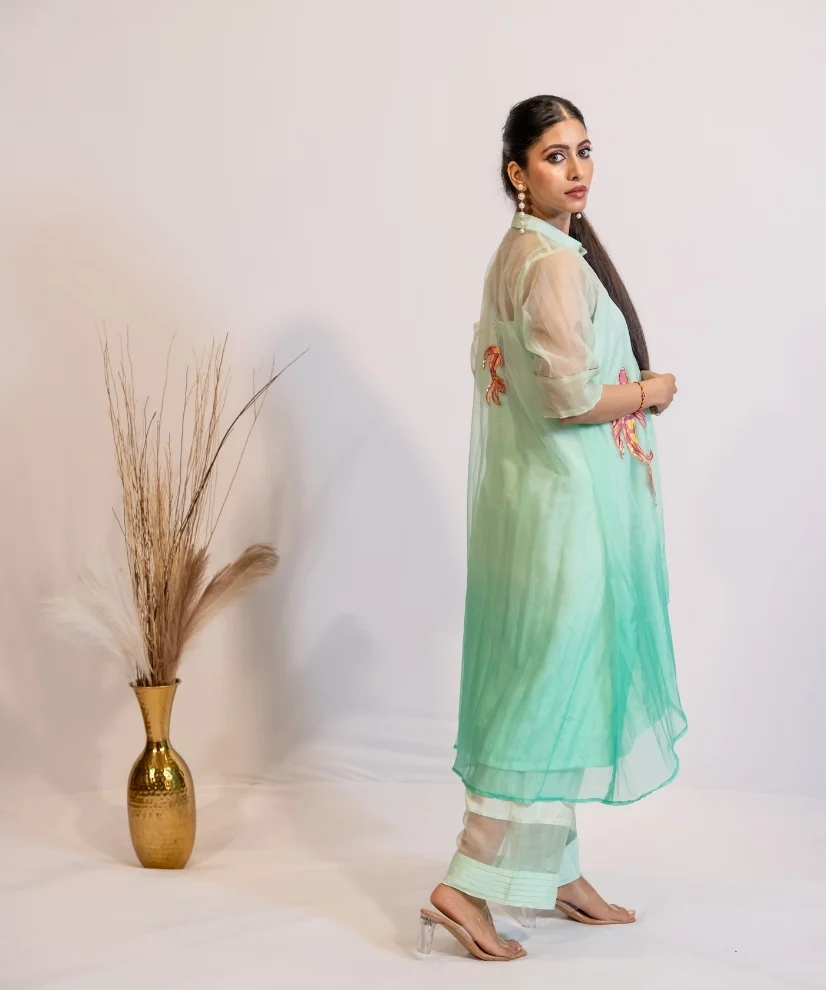 Hand-Painted Teal Ombre Organza Kurta Set with Fish Motifs Hand-Painted Teal Ombre Organza Kurta Set with Fish Motifs