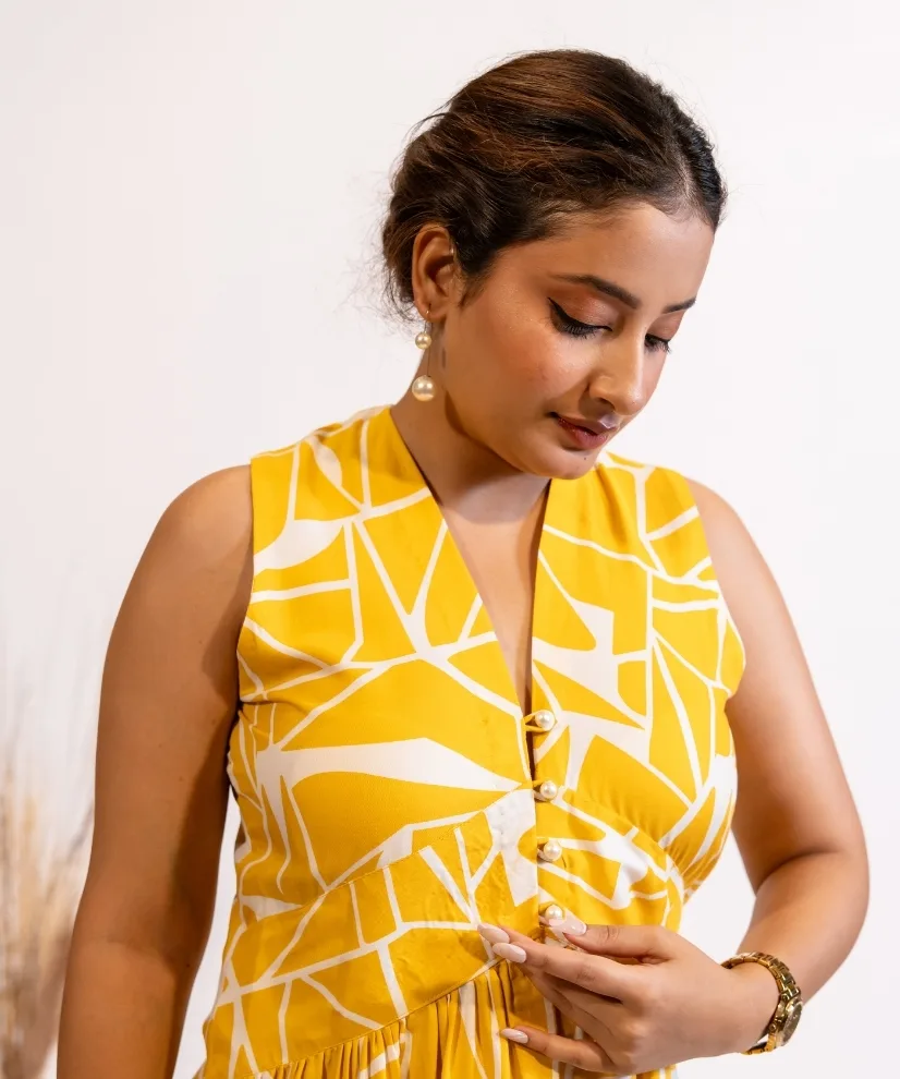 Sunlit Yellow Abstract Print Cotton Midi Dress Sunlit Yellow Abstract Print Cotton Midi Dress