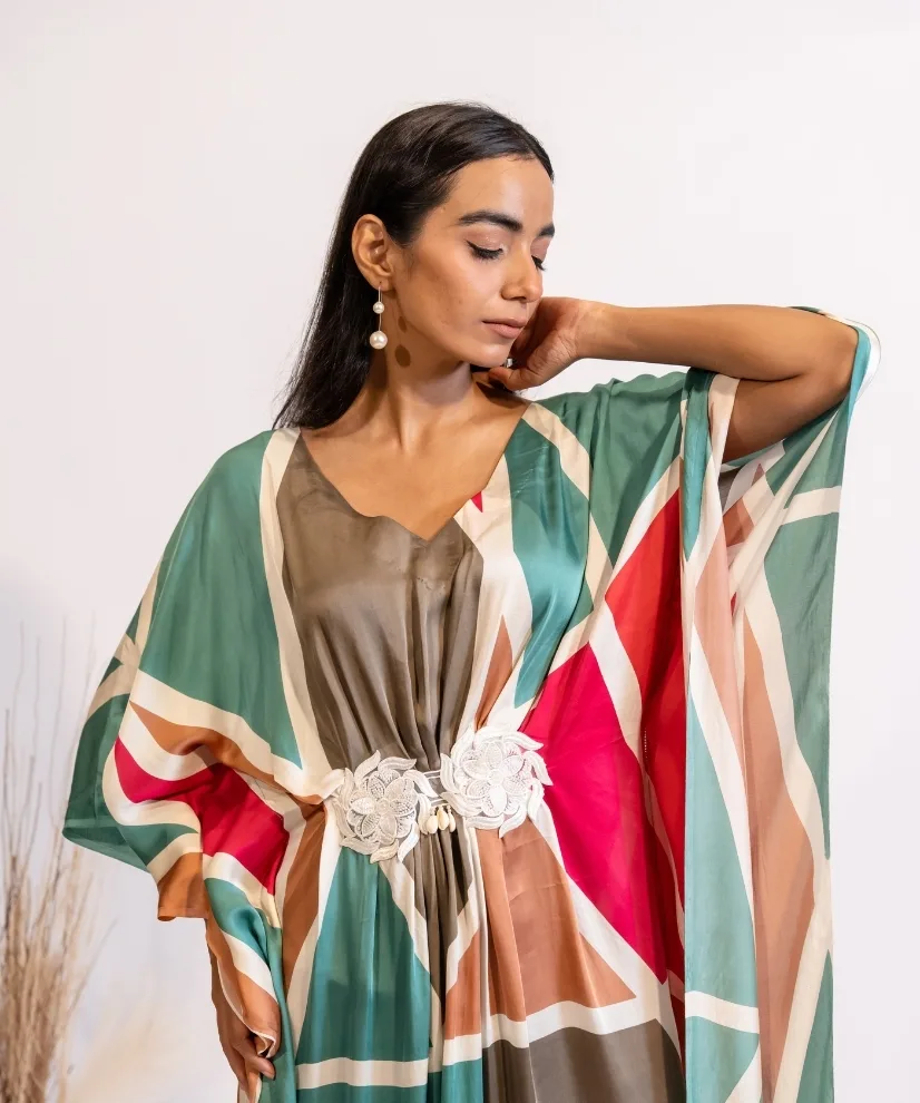 Bold Abstract Satin Kaftan Dress Bold Abstract Satin Kaftan Dress