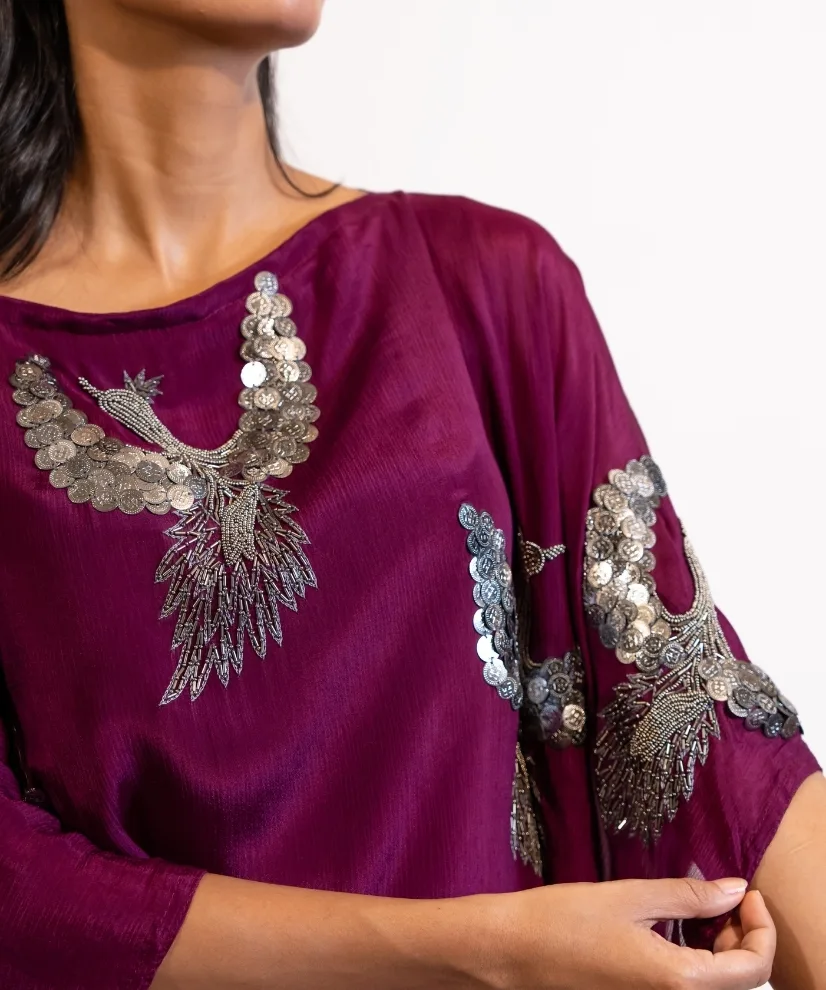 Plum Hand-Embellished Bird Kaftan Dress Plum Hand-Embellished Bird Kaftan Dress