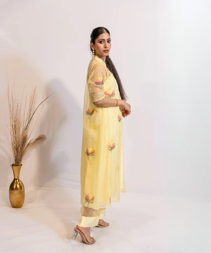 Sunshine Bloom Hand-Painted Organza Kurta Set Sunshine Bloom Hand-Painted Organza Kurta Set