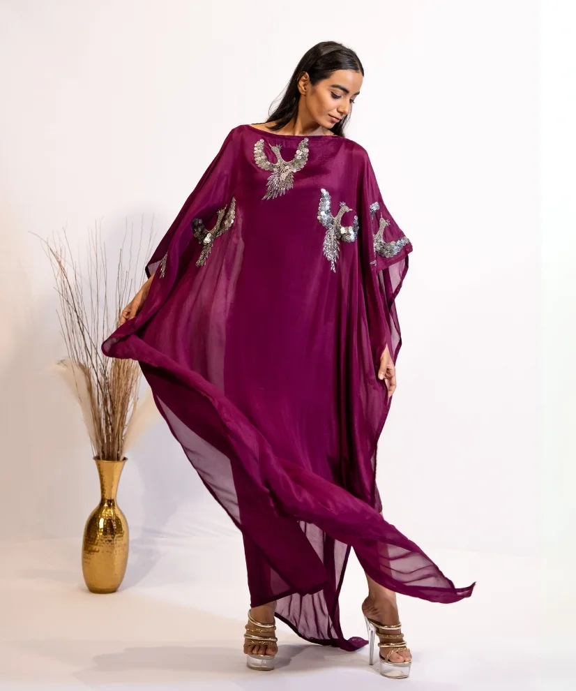 nknb8imiq7akdwn6hwnr Plum Hand-Embellished Bird Kaftan Dress