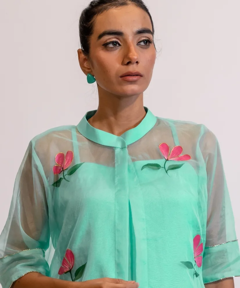 Pastel Mint Green Hand-painted Organza Kurta Set Pastel Mint Green Hand-painted Organza Kurta Set