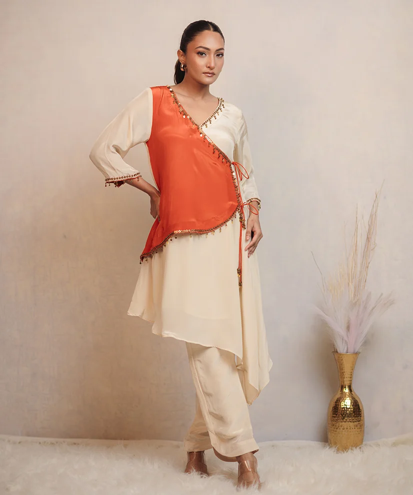 Coral Ivory Layered Crepe Co-ord Set For Women