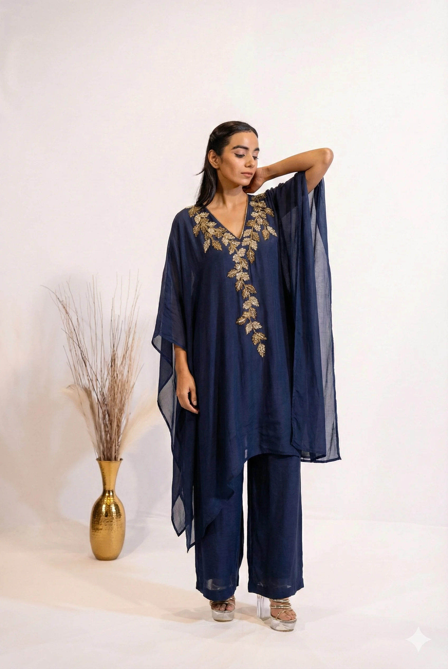 Navy Blue Embroidered Kaftan Dress with Gold Leaf Embroidery For Women