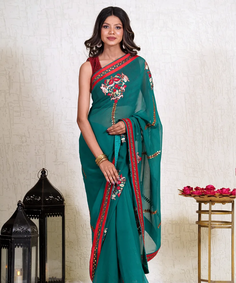 Bottle Green Pure Georgette Saree with Handcrafted Aari Zardozi Work