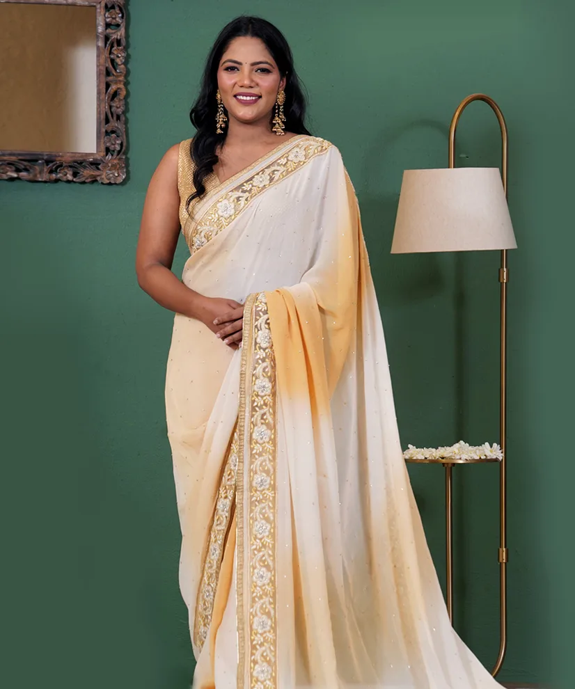 Ivory & Sunset Gold Aari Zardozi Hand-Embroidered Pure Georgette Saree