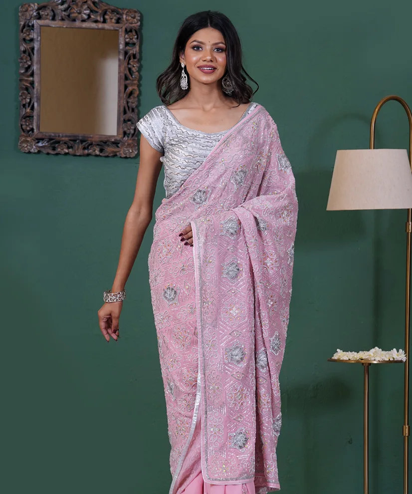 Blush Pink Heavy Katdana & Mukesh Hand-Embroidered Georgette Saree
