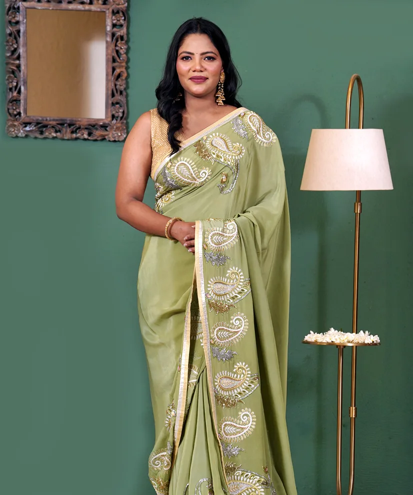 Timeless Olive Green Aari Zardozi Hand-Embroidered Crepe Saree