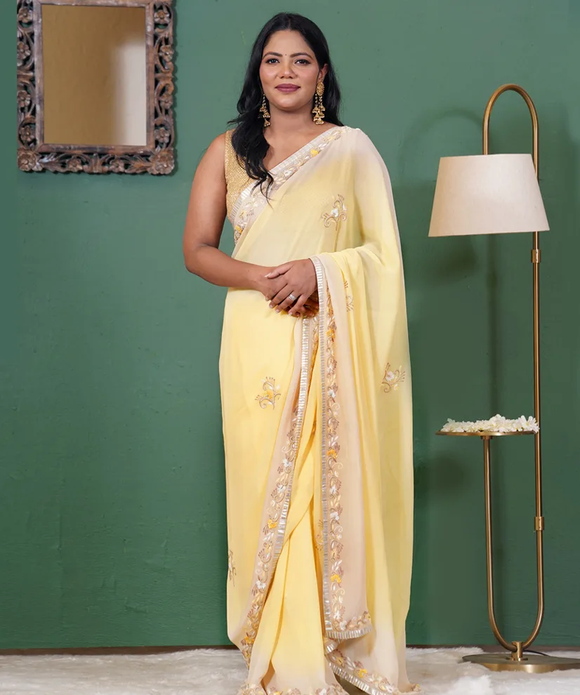 Lemon Yellow Aari Zardozi Hand-Embroidered Pure Georgette Saree