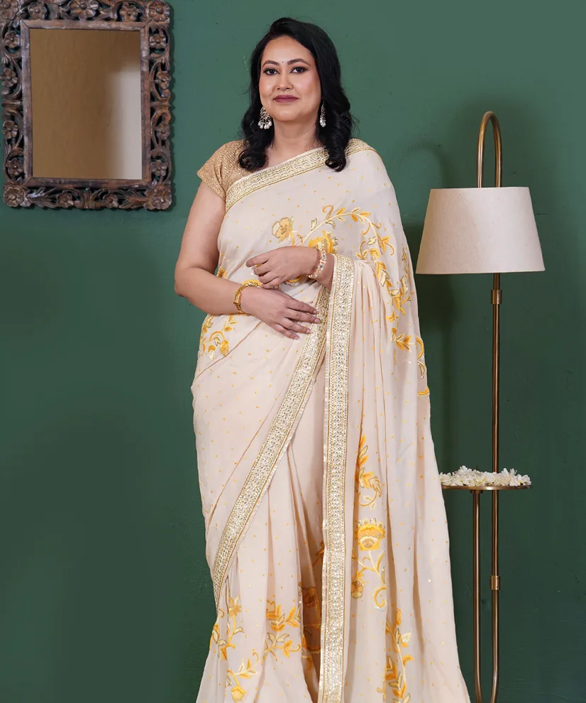 Blush Pink Heavy Katdana & Mukesh Hand-Embroidered Georgette Saree