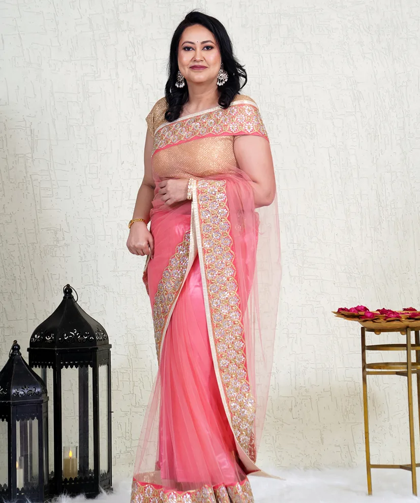 Coral Rose Net Aari Zardozi Saree