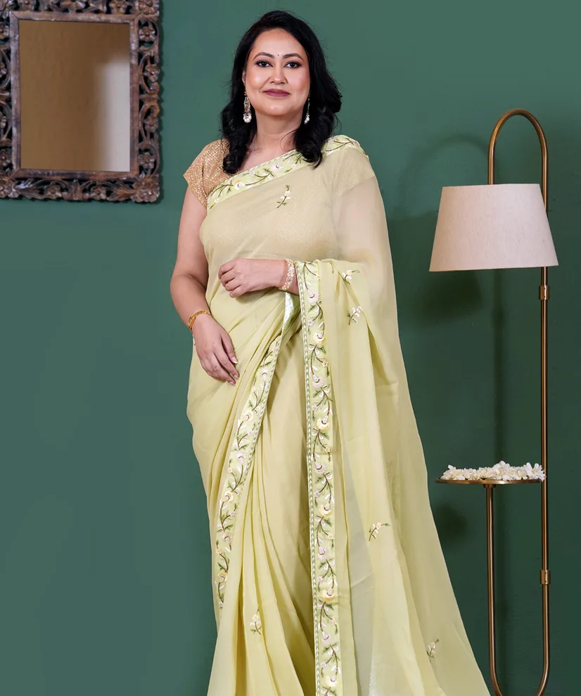Pastel Lime Aari Zardozi Hand-Embroidered Georgette Saree