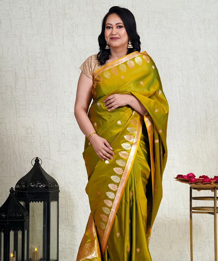 Olive Gold Banarasi Katan Silk Saree