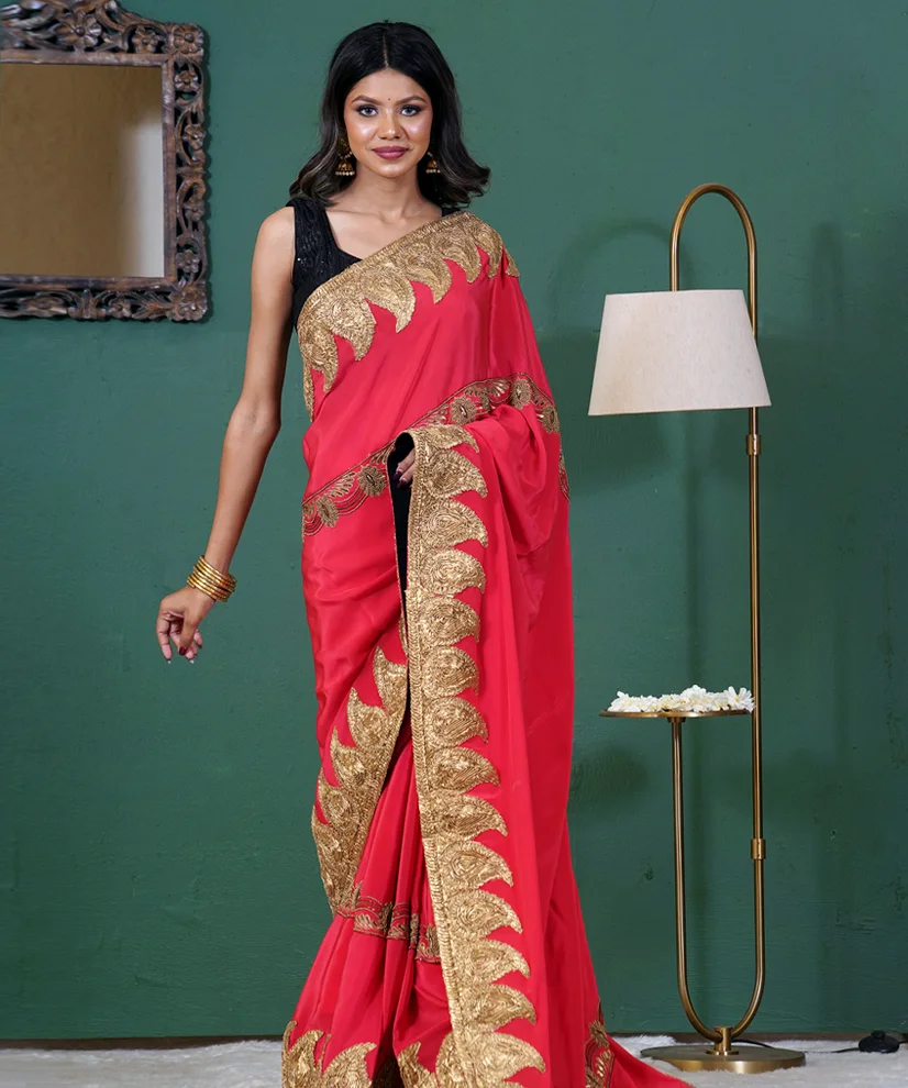 Scarlet Gold Georgette Saree with Exquisite Lace & Sequin Work