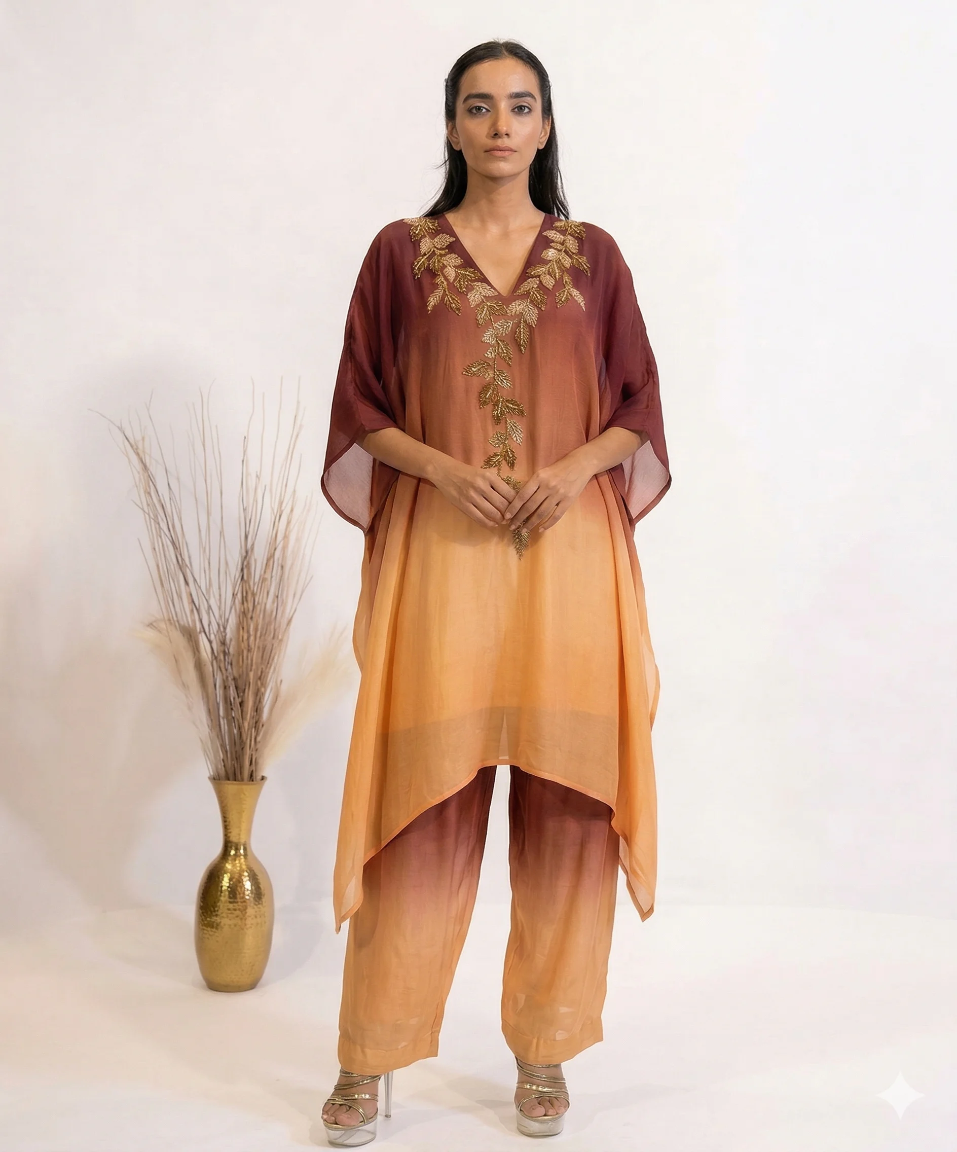 Sunset Ombre Embellished Kaftan Co-ord Set with Metallic Leaf Embroidery