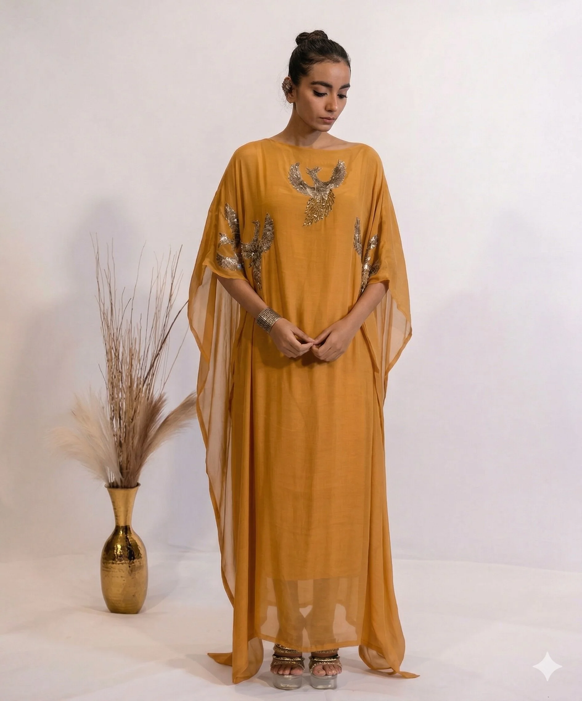 Ochre Sequin Bird Motif Embellished Kaftan For Women