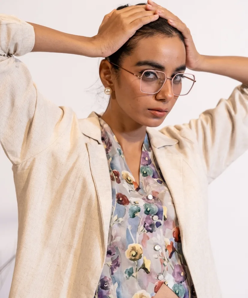Linen Blazer & Pant Co-ord with Printed Cotton Vest Linen Blazer & Pant Co-ord with Printed Cotton Vest