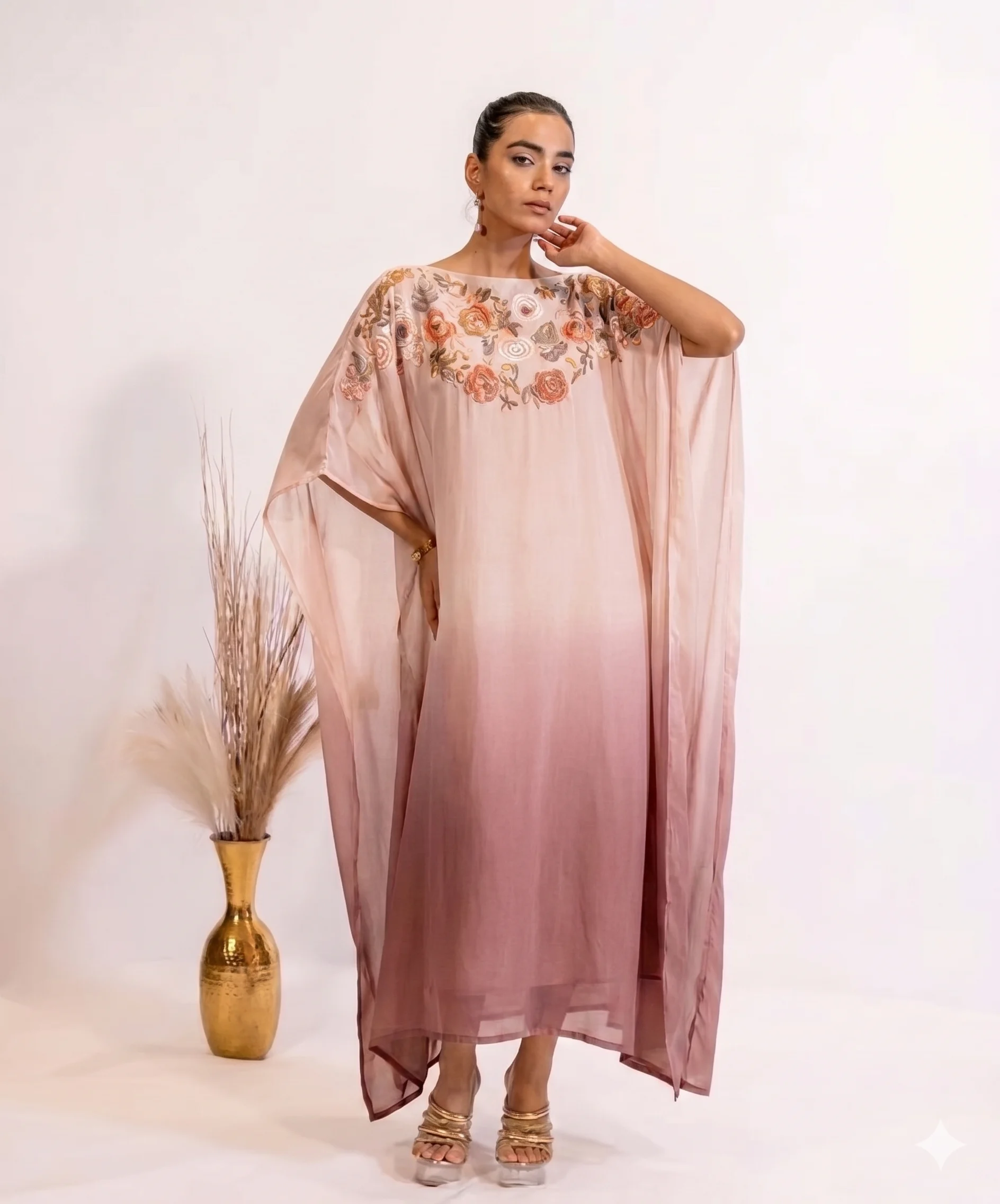 Mauve Ombre Embellished Sheer Kaftan Dress For Women