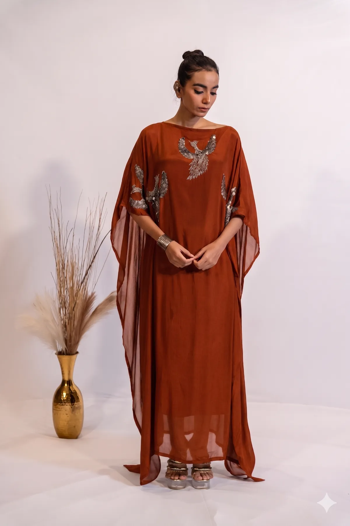Burnt Orange Embellished Kaftan For Women