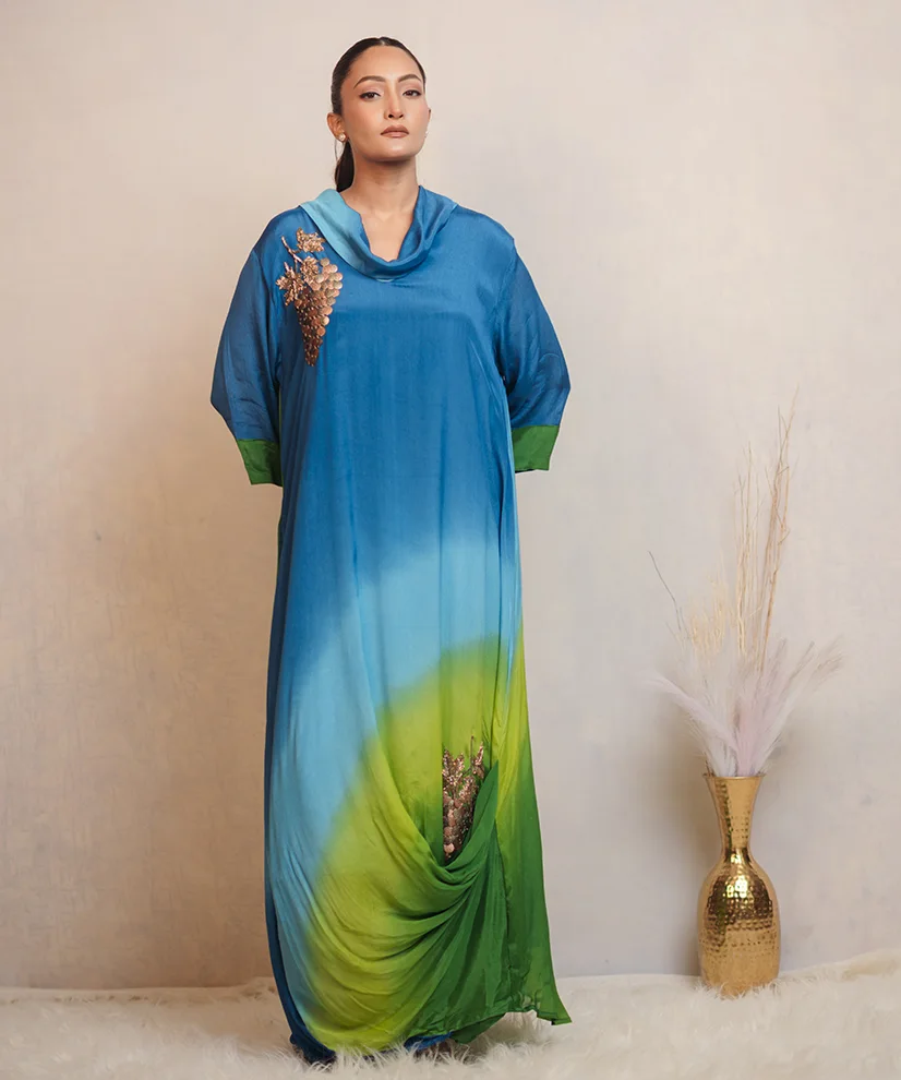 Azure Meadow Ombre Chiffon Dress For Women