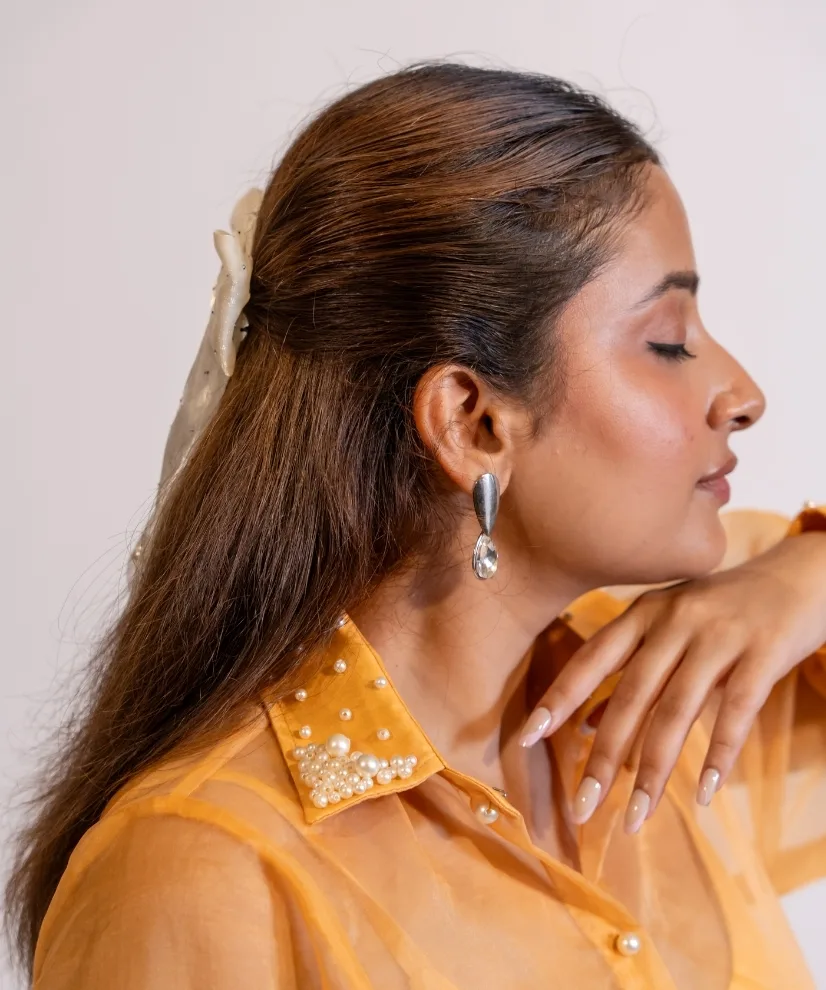 Golden Sunrise Organza Shirt with Pearl Embellishment Golden Sunrise Organza Shirt with Pearl Embellishment