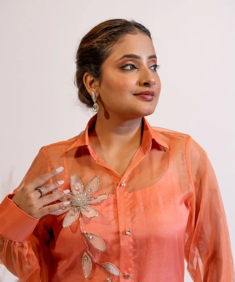 Peach Coral Organza Shirt with Hand embellished 3D Floral Motift Peach Coral Organza Shirt with Hand embellished 3D Floral Motift