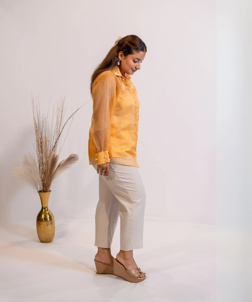Golden Sunrise Organza Shirt with Pearl Embellishment Golden Sunrise Organza Shirt with Pearl Embellishment