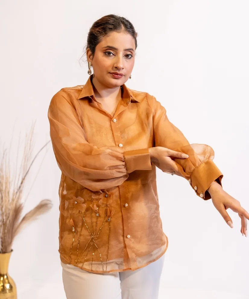 Rust Brown Organza Shirt with Pearl & Katdana Embellishment Rust Brown Organza Shirt with Pearl & Katdana Embellishment