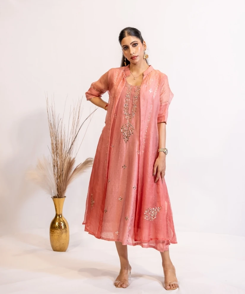 Blush Pink Chanderi Kurta with Organza Shrug Blush Pink Chanderi Kurta with Organza Shrug