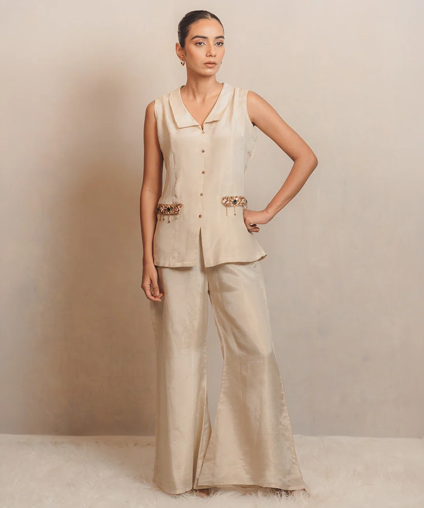 Champagne Gold Hand-Embellished Tissue Co-ord Set For Women