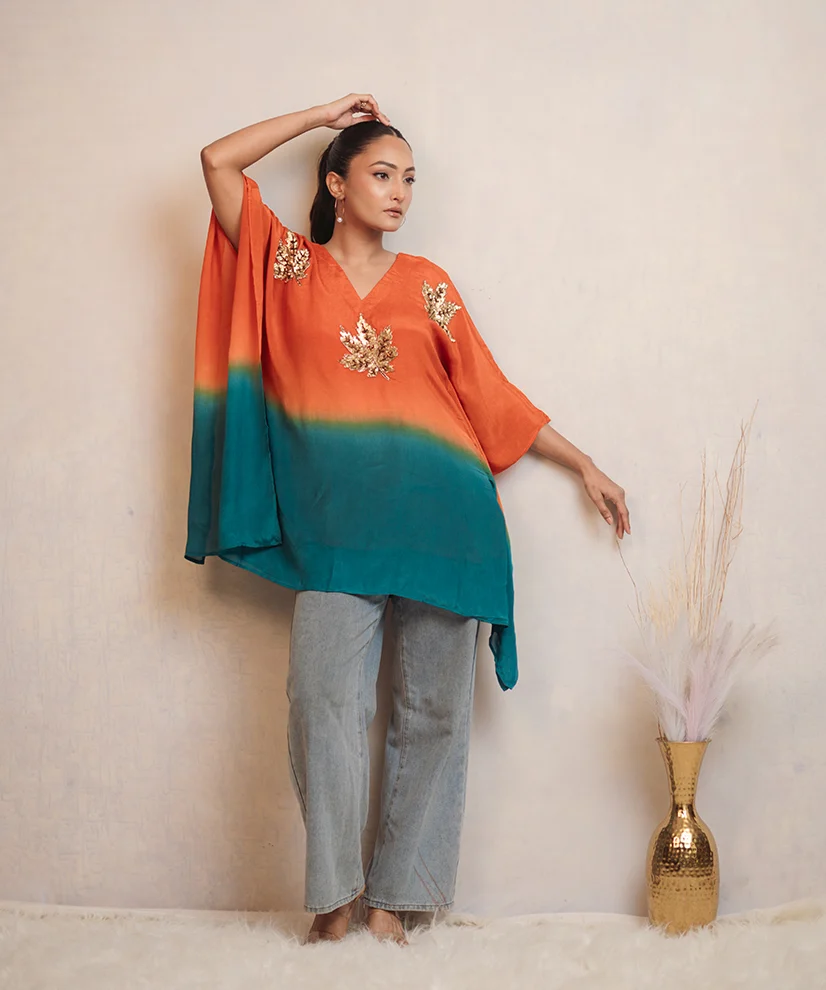 Sunset Teal Ombre Kaftan Top For Women