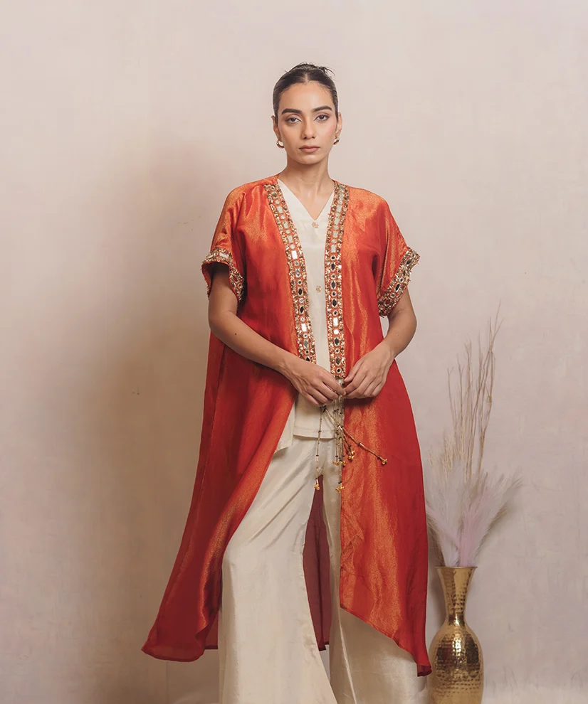 Sunset Rust Mirror-Work Tissue Co-ord Set with Cape For Women