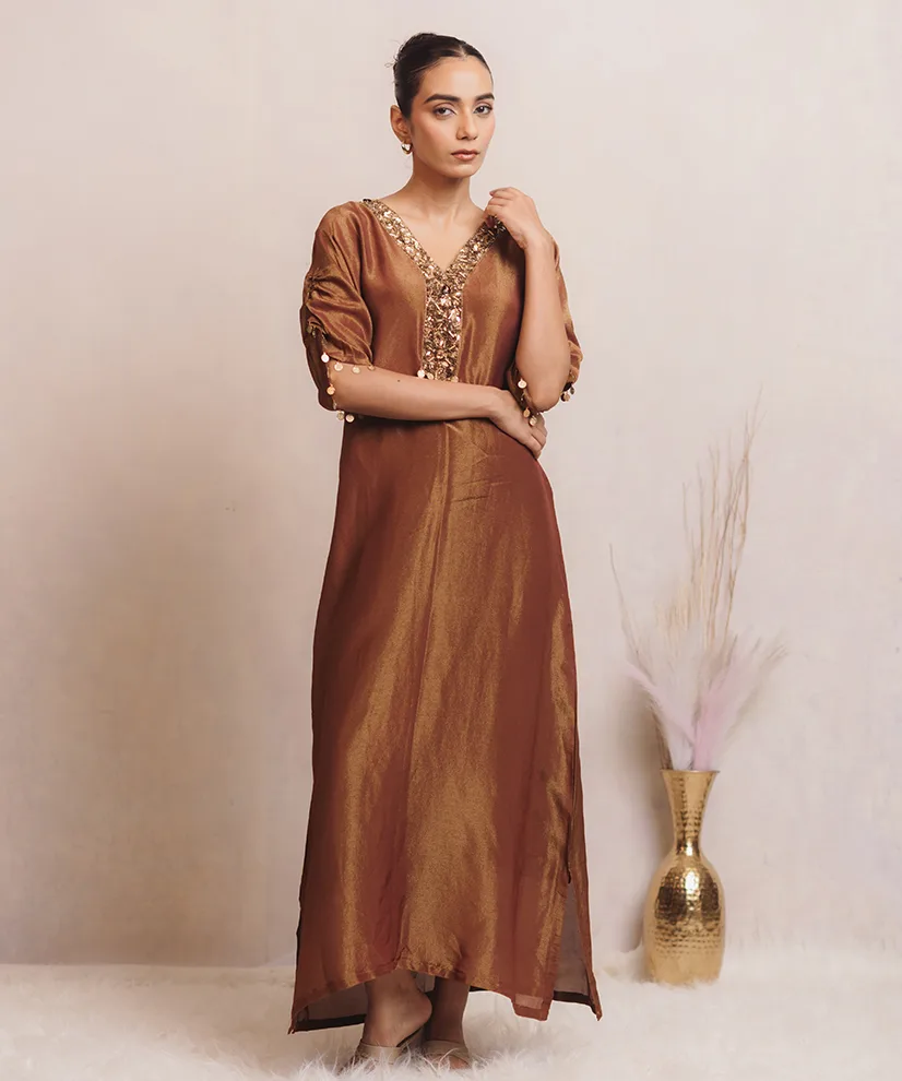 Bronze Gold Embellished Tissue Kaftan Dress For Women
