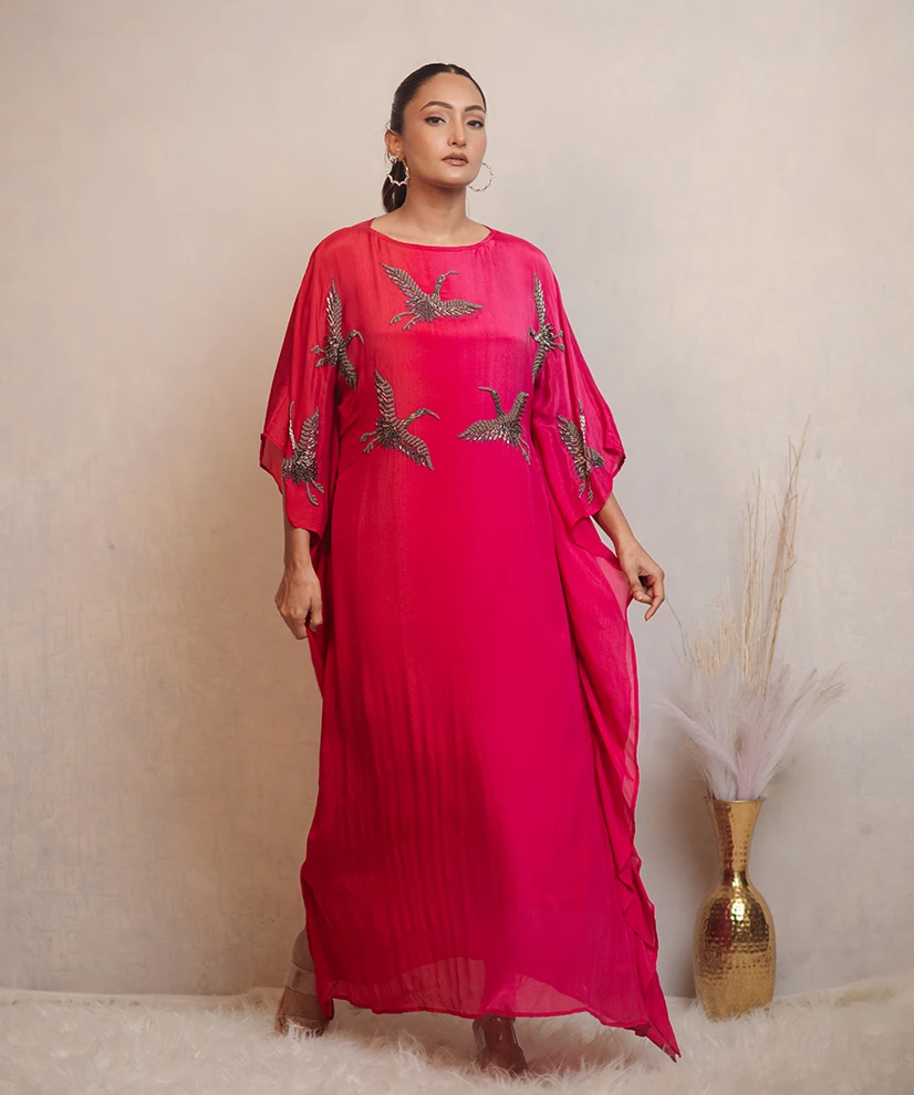 Fuchsia Pink Ombre Embroidered Dress For Women