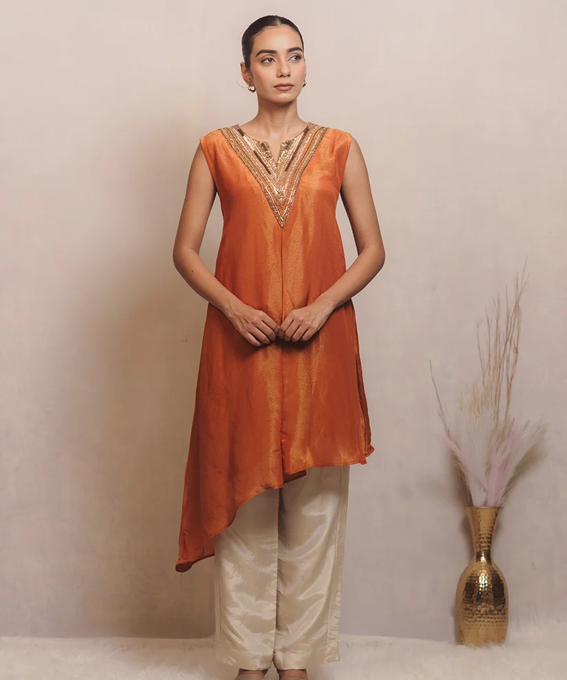 Burnt Copper Tissue Co-ord Set For Women