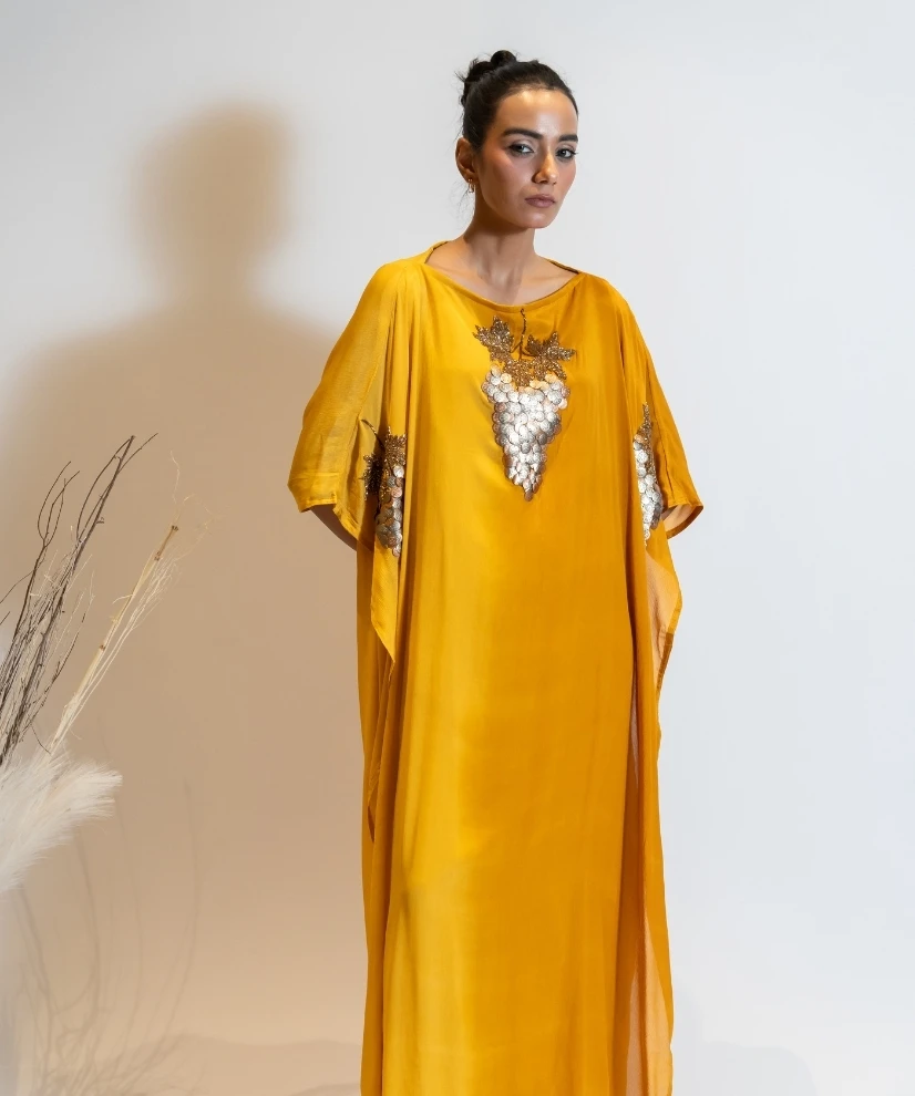 Amber Mustard Embellished Georgette Kaftan Dress