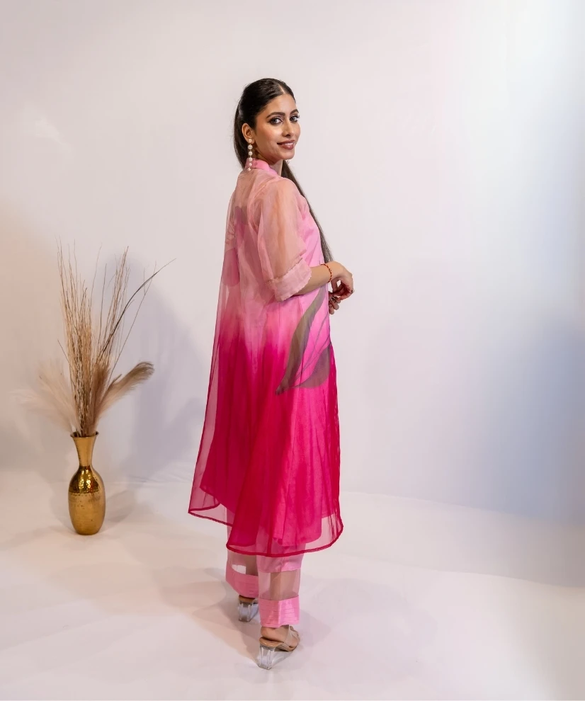 Blushing Radiance Handpainted Fuschia Pink Organza Kurta Set Blushing Radiance Handpainted Fuschia Pink Organza Kurta Set
