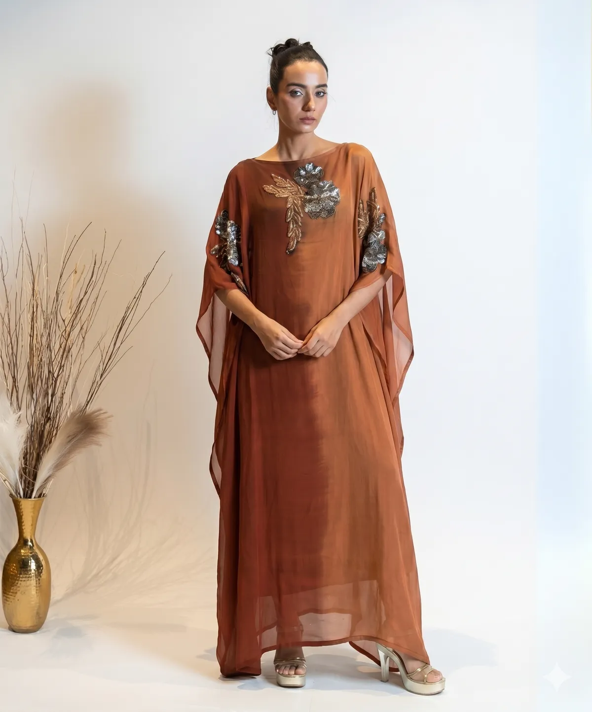 Amber Bronze Hand-Embroidered Party Wear Kaftan Dress For Women