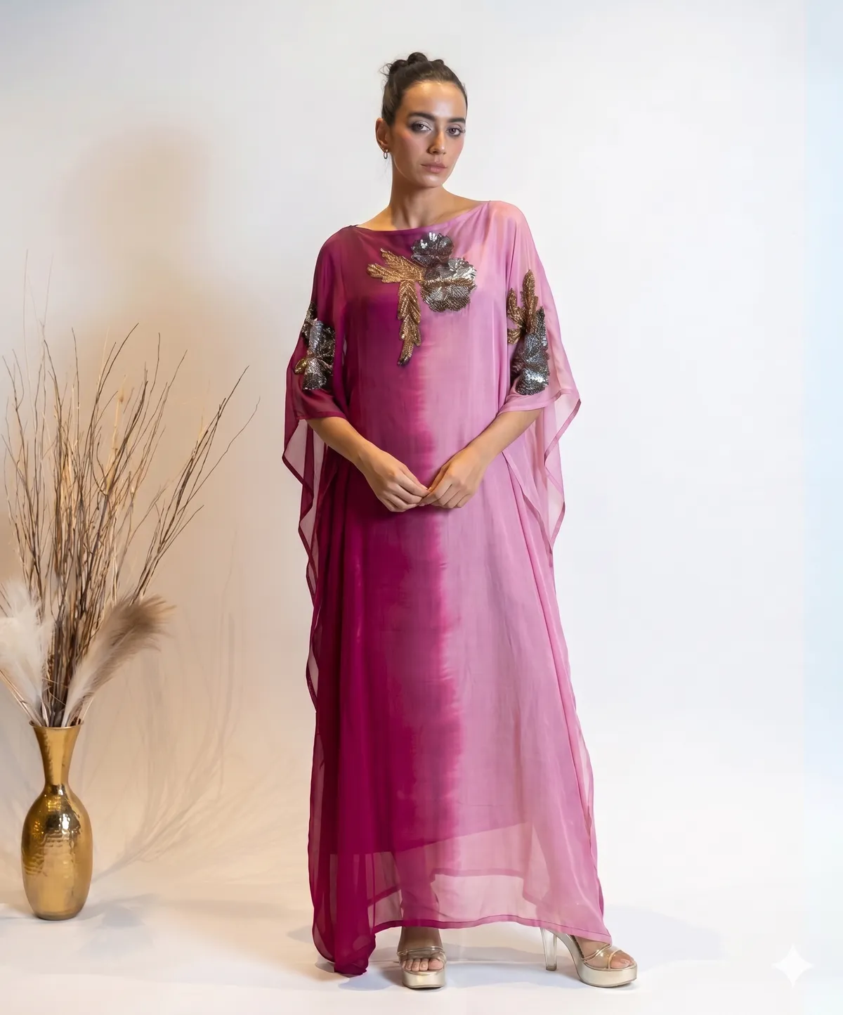 Fuchsia Ombre Silk Kaftan with Zardosi Floral Embroidery Dress For Women