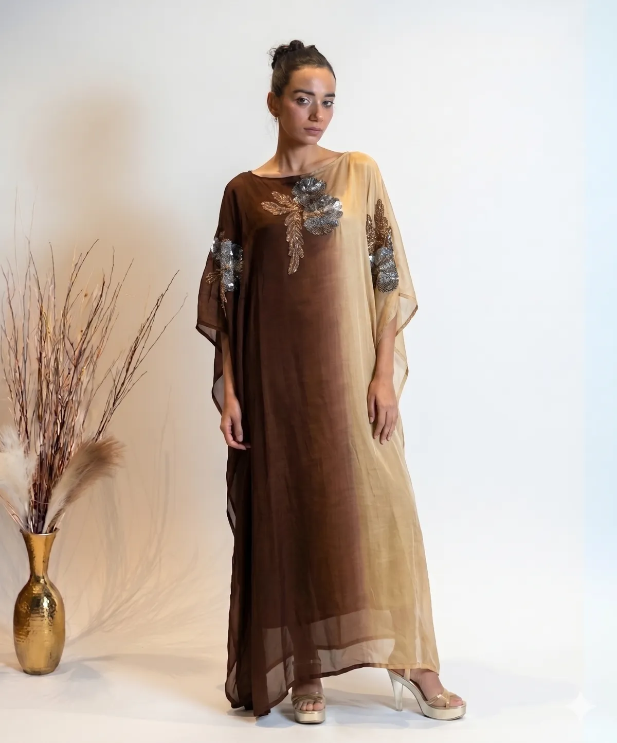 Mocha Brown and Champagne Gradient Kaftan Dress For Women