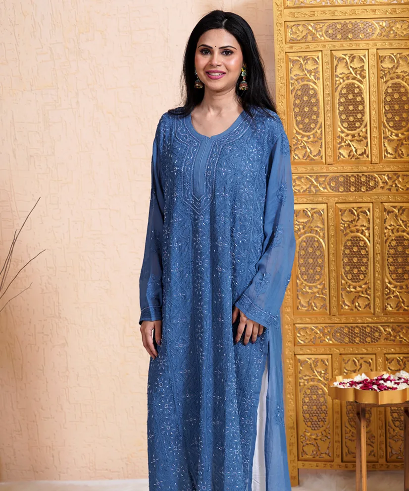 Midnight Blue Georgette Chikankari Kurti