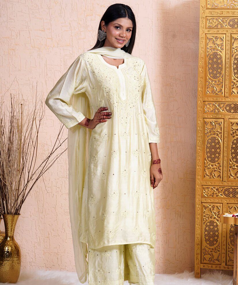 Lime Green Mulmul Chikankari Kurta Set with Mukesh Work Ethereal Elegance