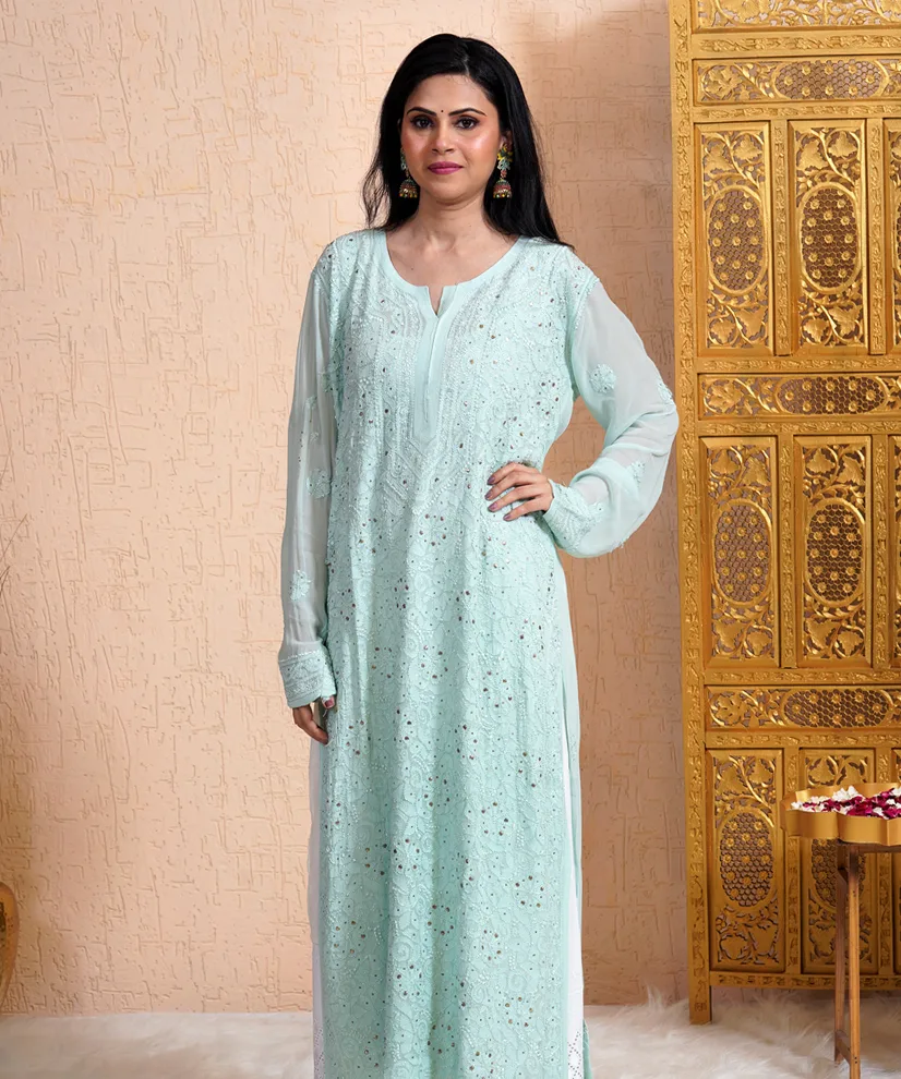 Icy Blue Hand-Embroidered Chikankari Kurti with Mukesh Work