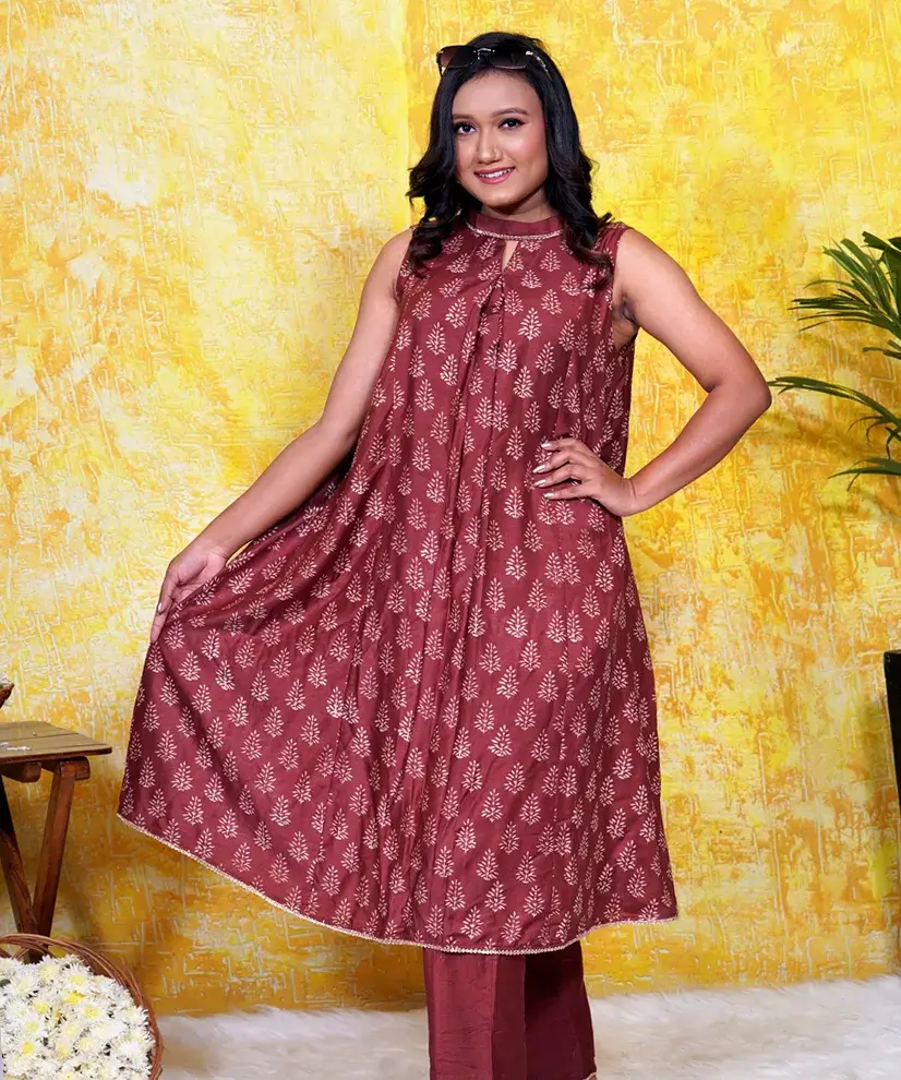 Easy-Breezy Brown Flared Kurta Set with Delicate Lace Accents