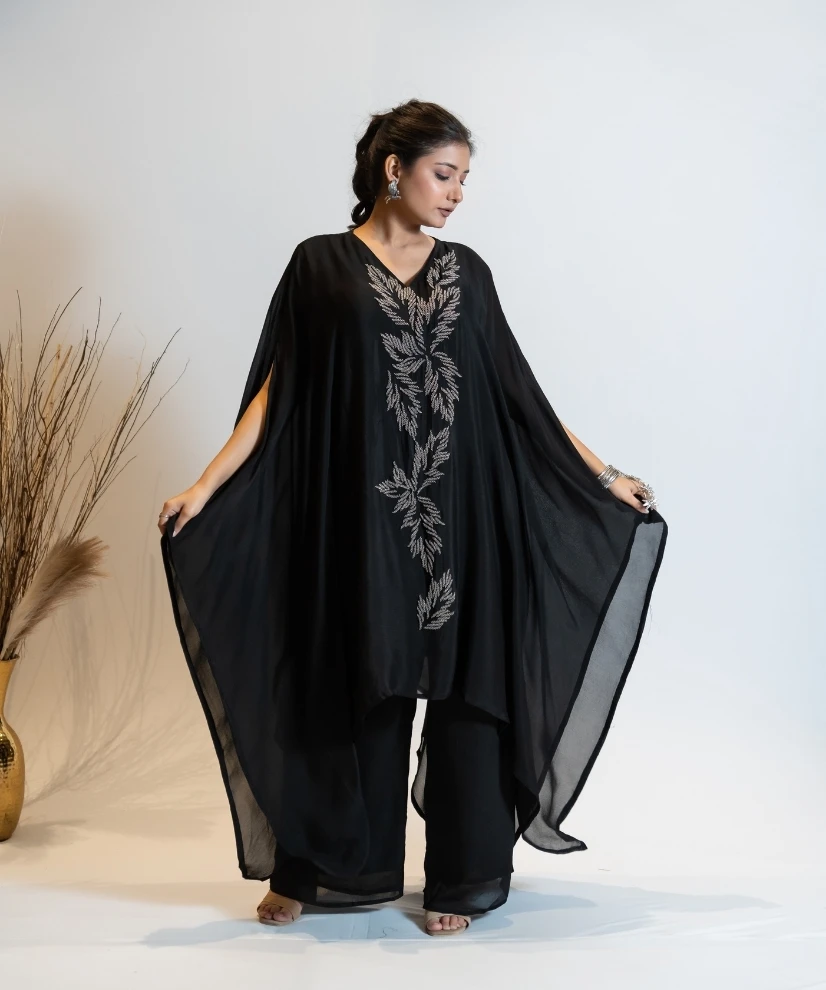 Onyx Black Embroidered Co-ord Set with Flared Top