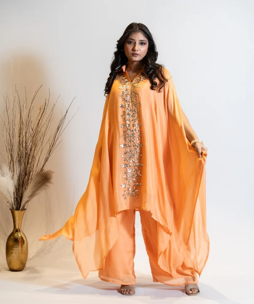 Apricot Orange Embroidered Co-ord Set with Flared Top