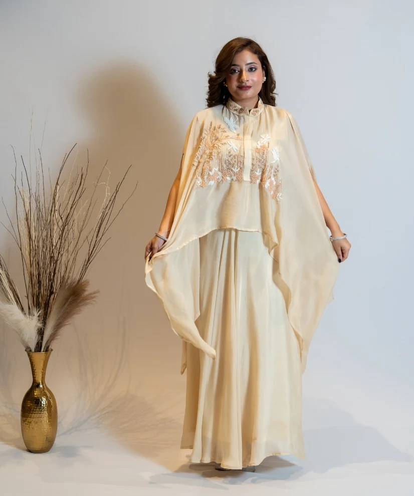 Champagne Ivory Hand-Embroidered Georgette Co-ord Set